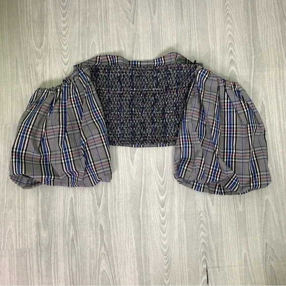 Zara Plaid Off-Shoulder Puff Sleeve Crop Top - Picture 5 of 8